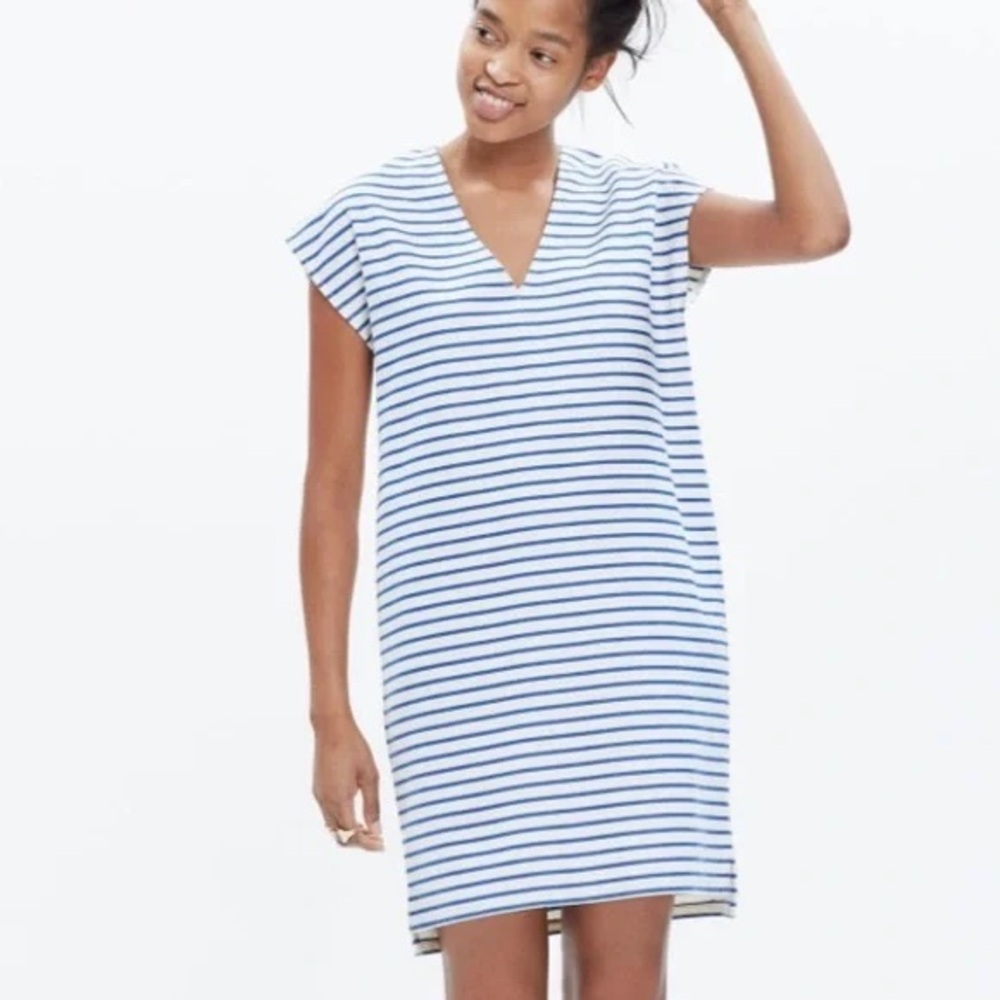 Madewell Vacances Pique Shift Dress Blue White Stripe Coastal Beachy Weekend
